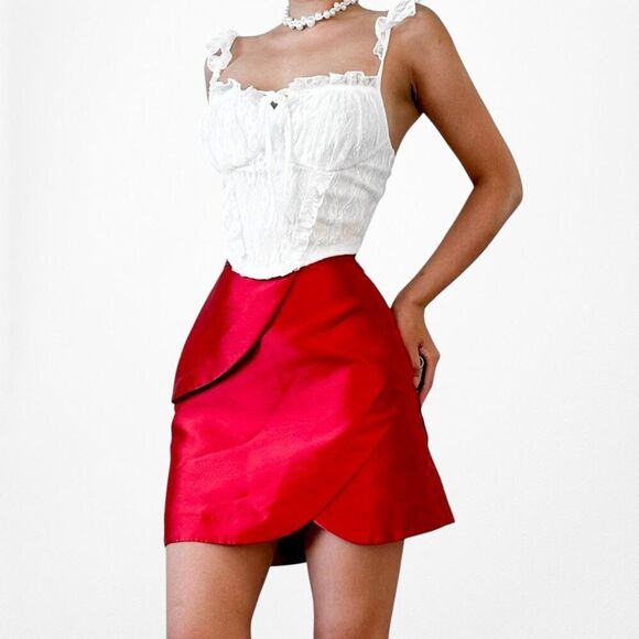 Red Satin Look High Waisted A-Line Mini Skirt Size 0/XS - Picture 1 of 7